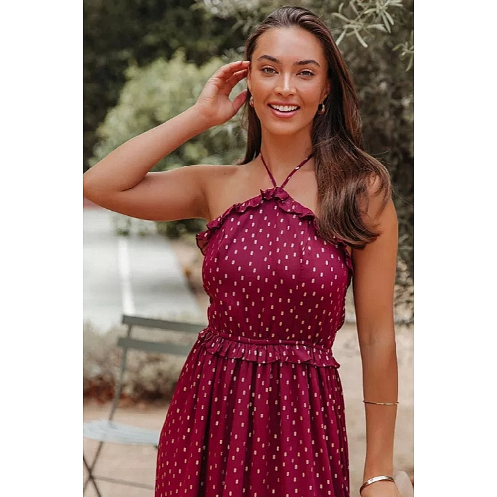 LAST ONE! Gold Polka Dot Halter Maxi Dress With With Ruffles - Picture 7 of 7